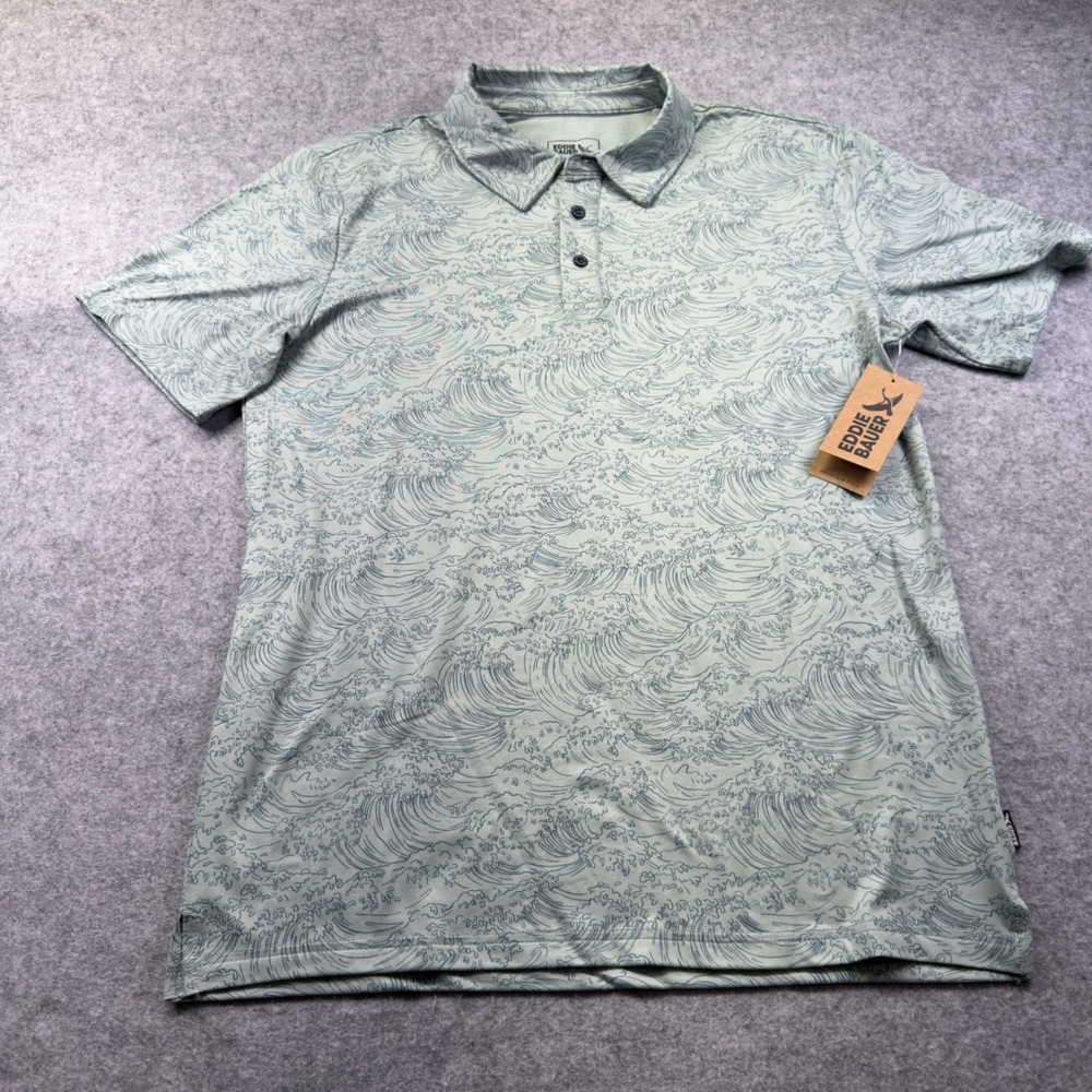 Eddie Bauer Mountain Polo Mens shirt M Green Wave Print Performance coastal NWT